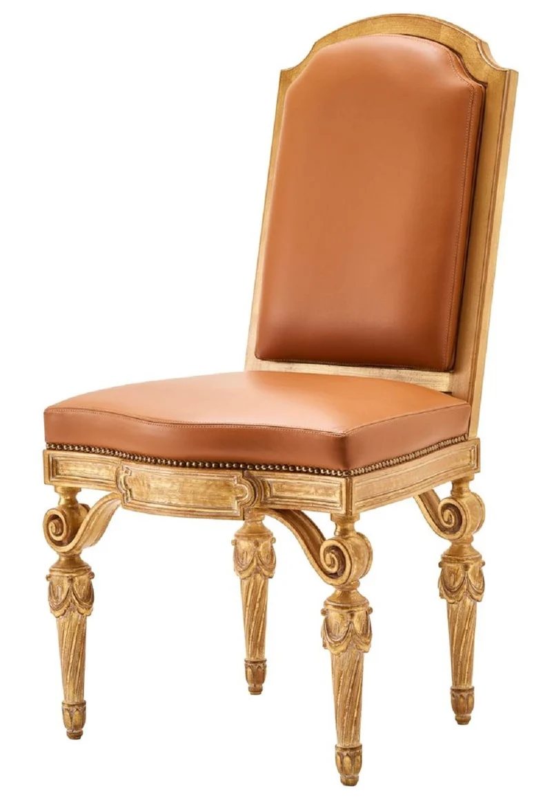 Casa Padrino Luxus Barock Echtleder Esszimmer Stuhl Braun / Naturfarben - Barock Möbel - Made in Italy