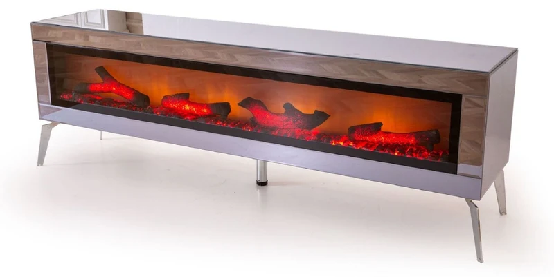 Casa Padrino Luxus TV Schrank mit LED Elektrokamin und Fernbedienung Silber 180 cm