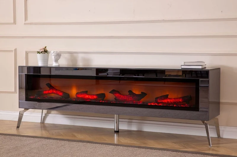 Casa Padrino Luxus TV Schrank mit LED Elektrokamin und Fernbedienung Silber 180 cm