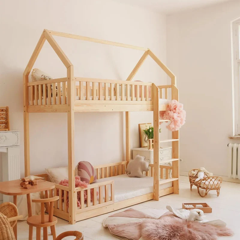 Lit cabane superposé 90x200 barrière et sommier inclus pieds 1 cm Daisy Bois