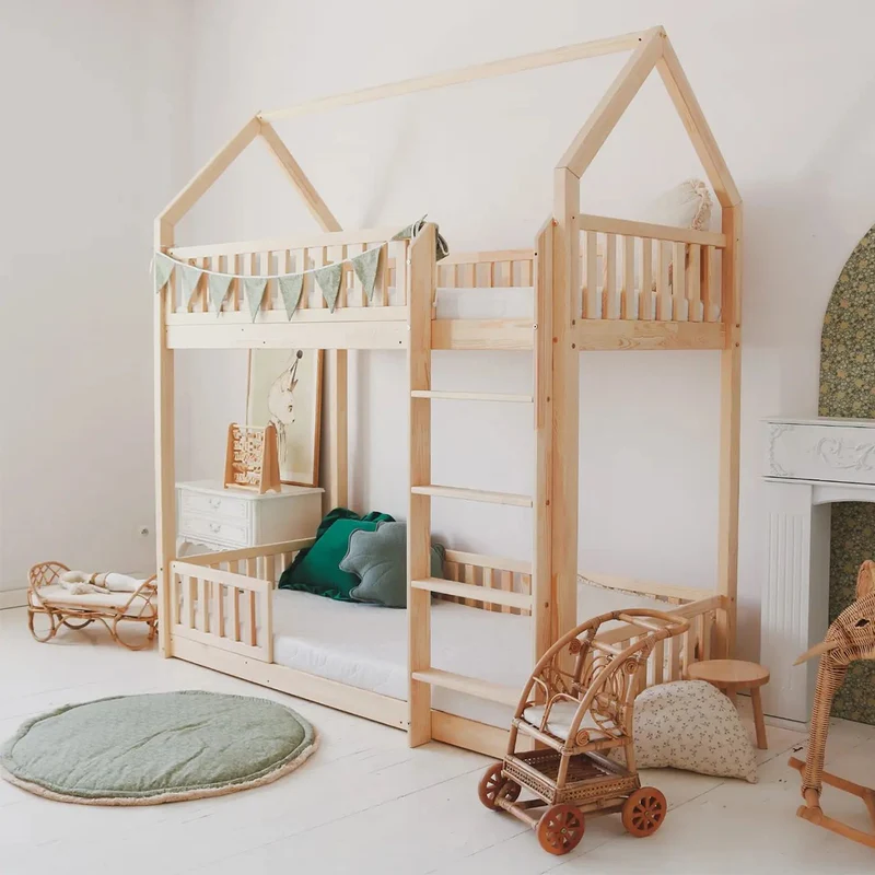 Lit cabane superposé 90x200 barrière et sommier inclus pieds 1 cm Daisy Bois