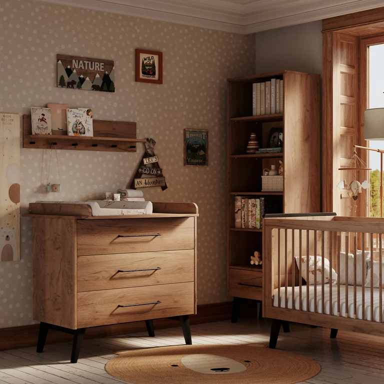 Lit évolutif 70x140 et commode 3 tiroirs Pinio Retro Bois