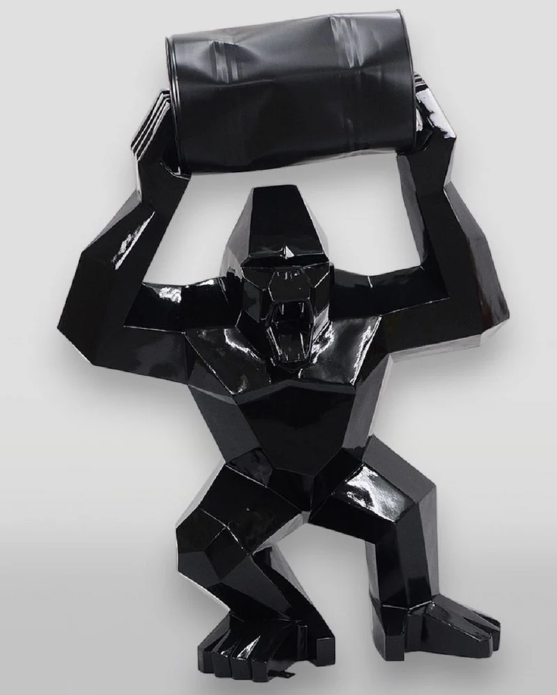 Casa Padrino XXL Deko Skulptur Gorilla mit Fass Schwarz H. 140 cm