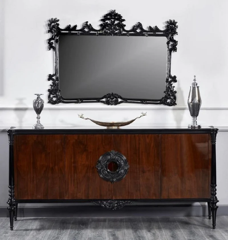 Casa Padrino Luxus Barock Sideboard mit Wandspiegel Schwarz / Dunkelbraun - Barock Möbel