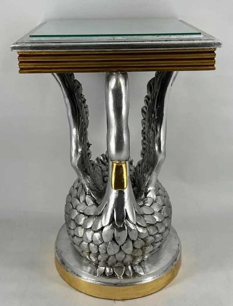 Casa Padrino Barock Beistelltisch Schwan mit Glasplatte Silber / Gold H. 78 cm - Barock Möbel