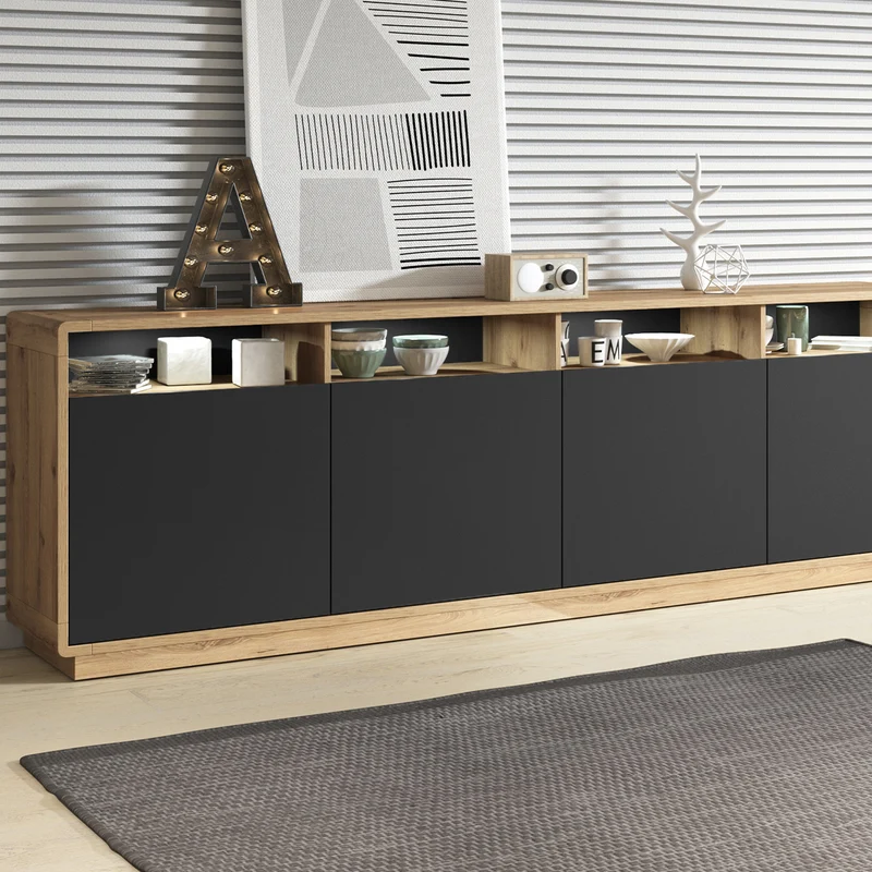 Buffet 4 portes Raven Noir et Bois