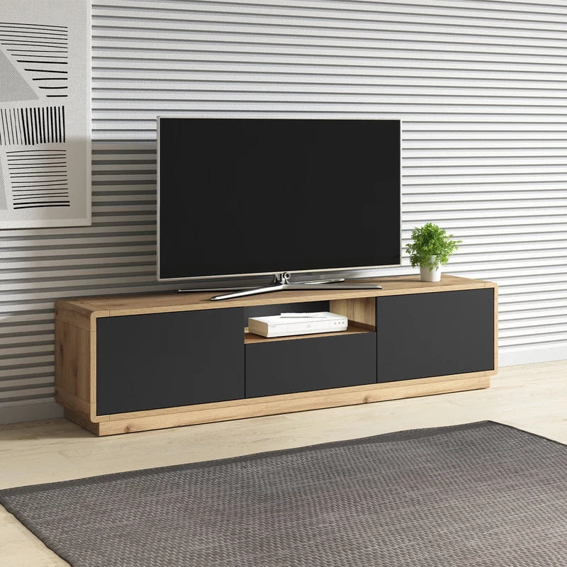 Meuble TV 2 portes 1 tiroir 180 cm Raven Noir et Bois