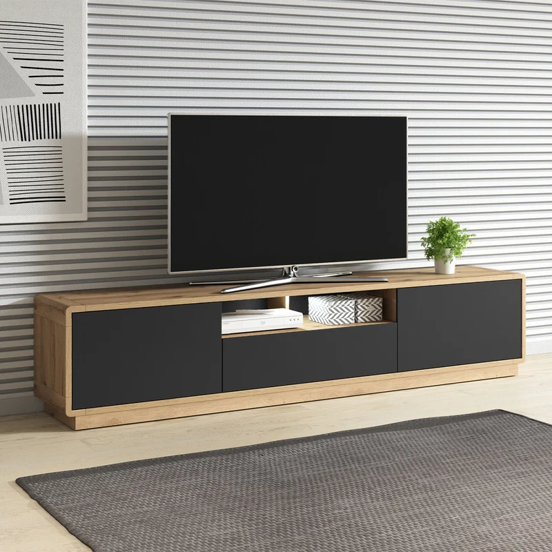 Meuble TV 2 portes 1 tiroir 200 cm Raven Noir et Bois