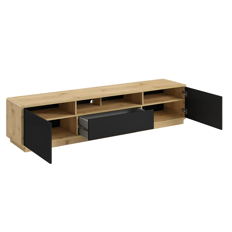Meuble TV 2 portes 1 tiroir 200 cm Raven Noir et Bois