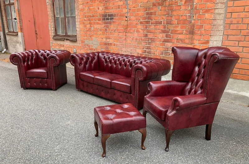 Casa Padrino Luxus Chesterfield Leder Hocker Boardeauxrot / Braun H. 45 cm
