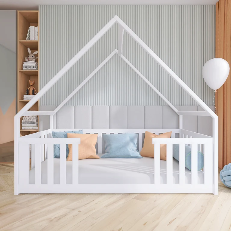 Lit cabane 90x190 au sol sommier inclus Joy Blanc