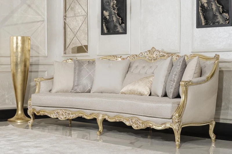 Casa Padrino Luxus Barock Wohnzimmer Sofa Grau / Gold 292 cm - Barock Möbel