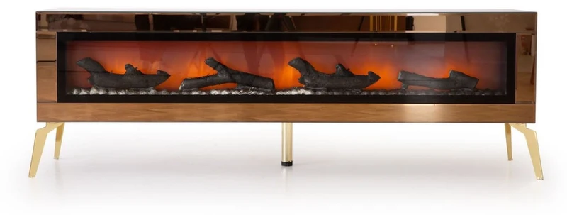 Casa Padrino Luxus TV Schrank mit LED Elektrokamin und Fernbedienung Gold 180 cm