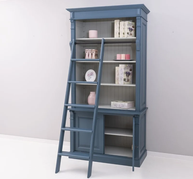 Casa Padrino Landhaus Stil Bücherschrank mit Leiter Stahlblau / Grau