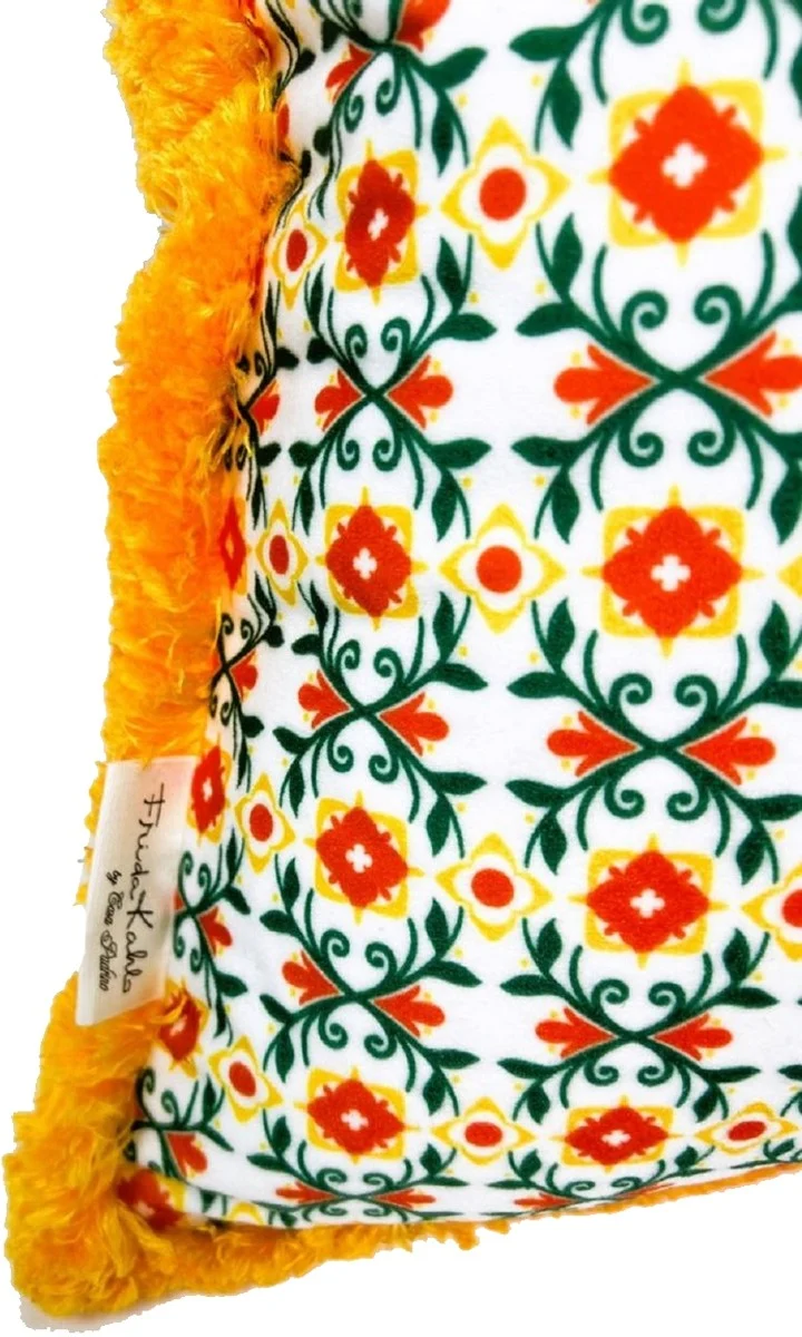 Frida Kahlo by Casa Padrino Luxus Deko Kissen mit Strass Steinen Weiß / Bunt / Orange