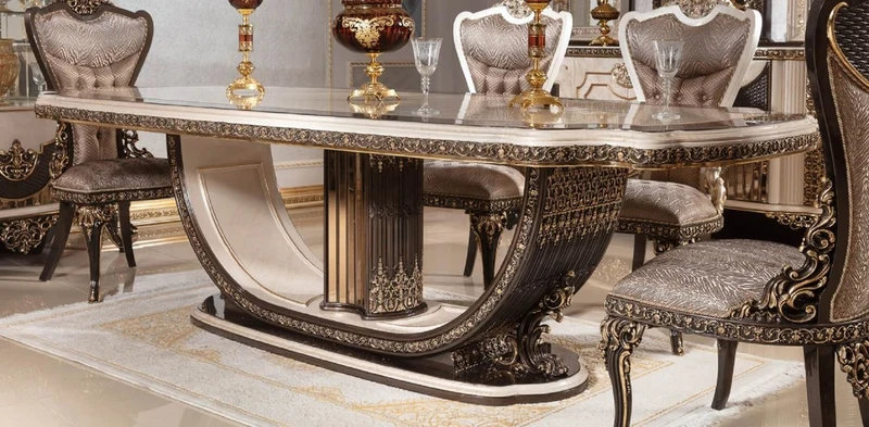 Casa Padrino Luxus Barock Esstisch Creme / Dunkelbraun / Gold 250 cm