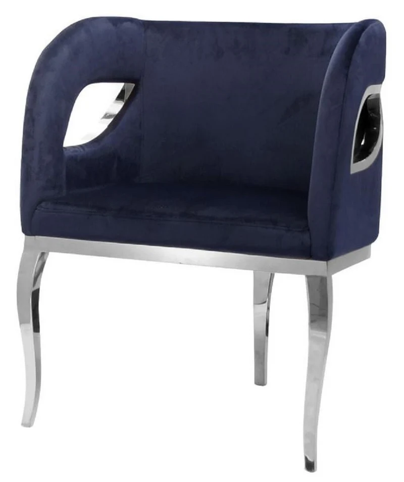 Casa Padrino Luxus Samt Sessel Blau / Silber 78 x 55 x H. 59 cm - Wohnzimmer Sessel - Hotel Sessel - Wohnzimmer Möbel - Luxus Möbel - Wohnzimmer Einrichtung - Luxus Einrichtung - Möbel Luxus