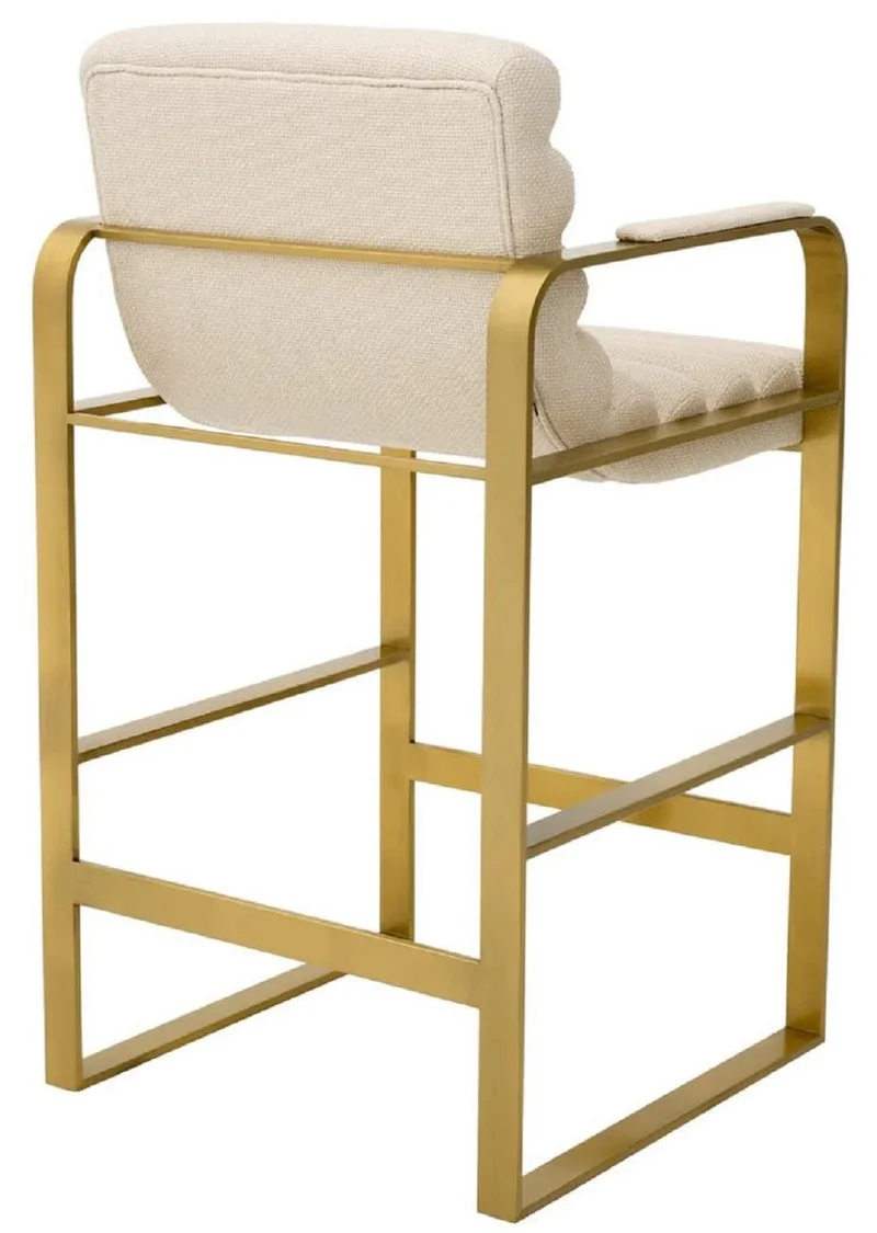 Casa Padrino Luxus Barstuhl mit Armlehnen Sandfarben / Messing 53,5 x 57 x H. 96,5 cm - Gepolsterter Edelstahl Barhocker - Bar Möbel - Luxus Möbel - Luxus Qualität