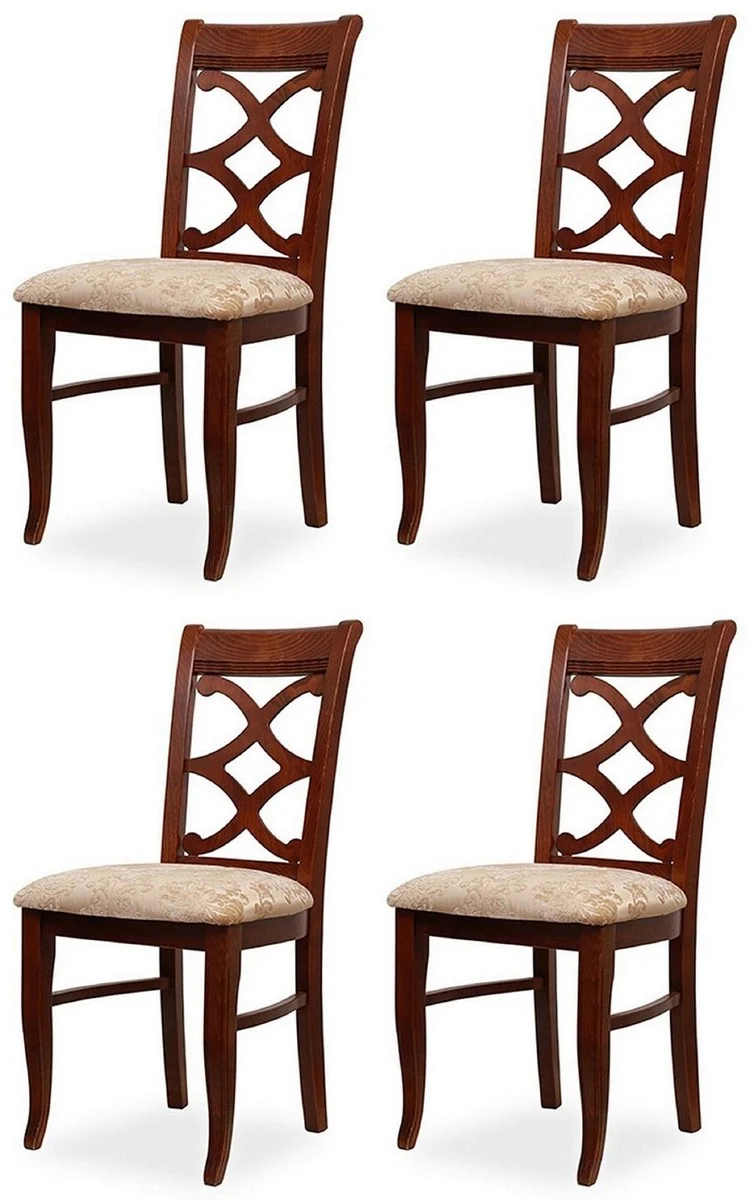 Casa Padrino Biedermeier Esszimmer Stuhl 4er Set Beige / Dunkelbraun 49 x 56 x H. 92 cm - Massivholz Küchen Stühle - Massivholz Esszimmer Möbel - Biedermeier Esszimmer Möbel