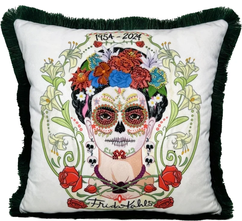 Frida Kahlo by Casa Padrino Luxus Deko Kissen mit Strass Steinen Weiß / Bunt