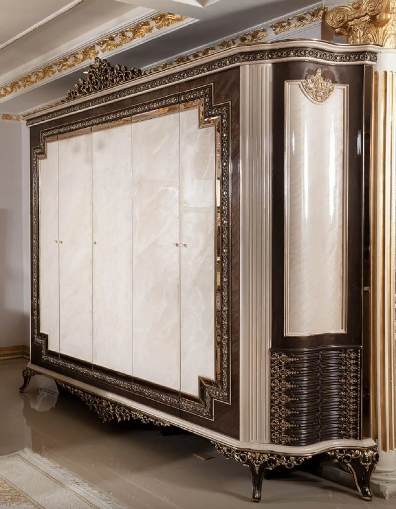 Casa Padrino Luxus Barock Schlafzimmerschrank Creme / Dunkelbraun / Gold 293 cm
