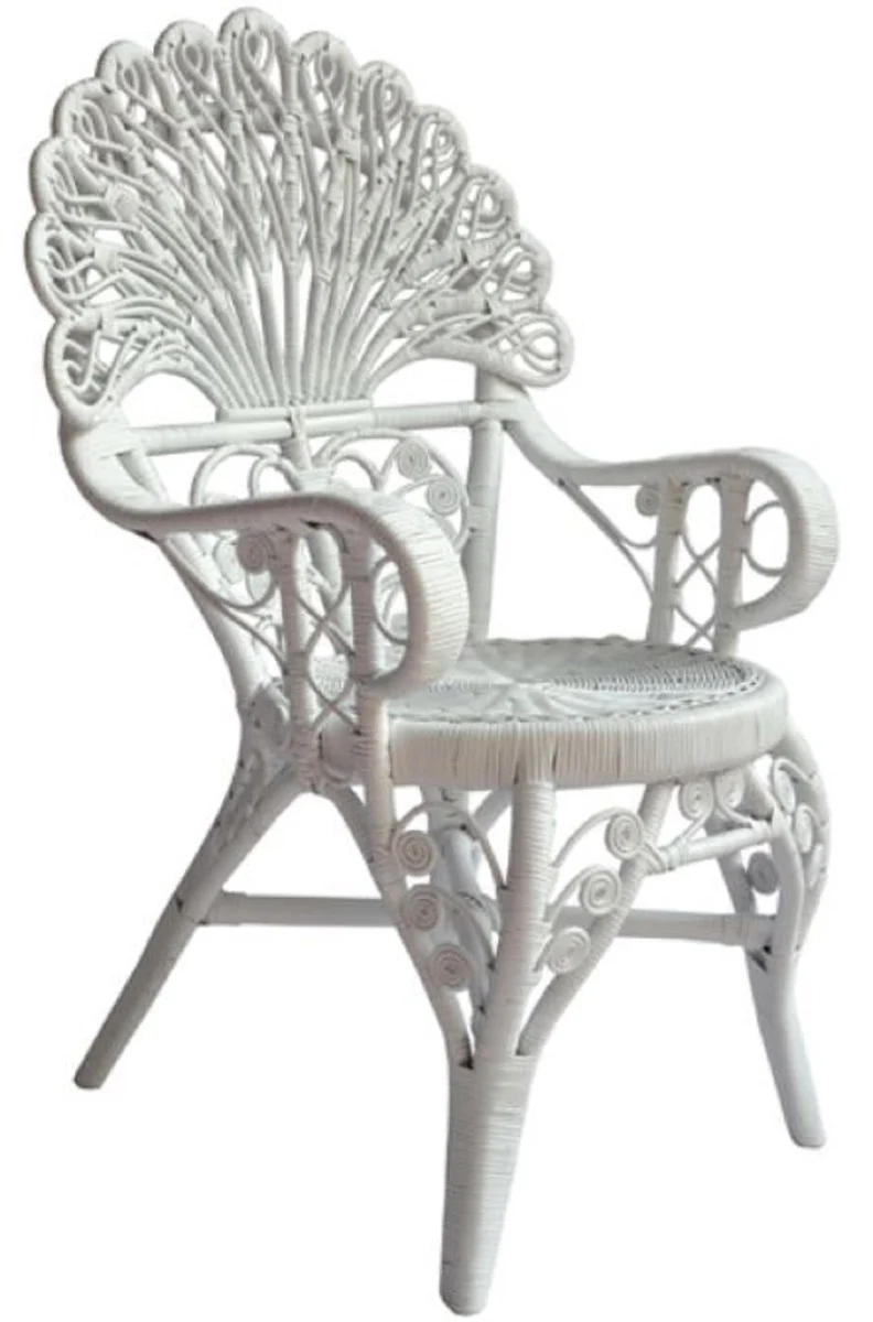 Casa Padrino Vintage Stil Hotel Garten Rattan Esszimmer Stuhl 6er Set mit Armlehnen Weiß H. 95 cm