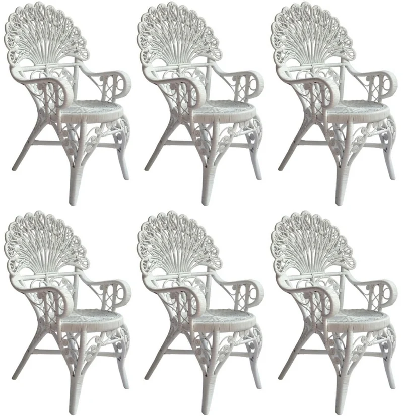 Casa Padrino Vintage Stil Hotel Garten Rattan Esszimmer Stuhl 6er Set mit Armlehnen Weiß H. 95 cm