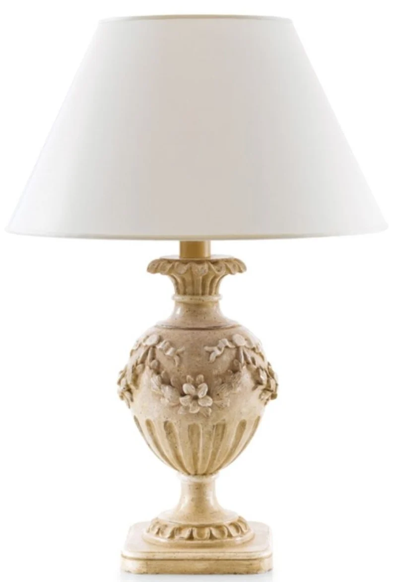 Casa Padrino Luxus Barock Tischleuchte Antik Beige / Weiß Ø 23 x H. 51,5 cm - Prunkvolle Barockstil Schreibtischleuchte mit Lampenschirm - Luxus Qualität - Made in Italy