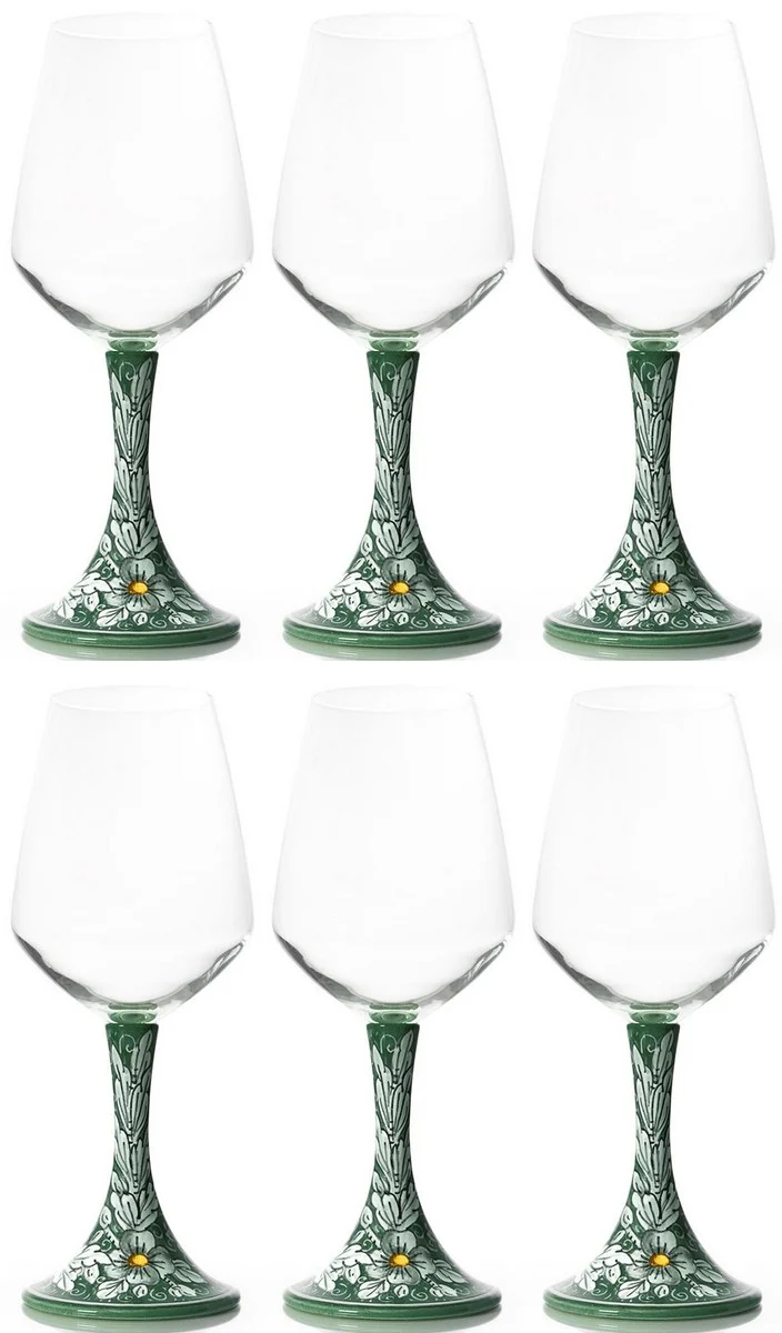 Casa Padrino Luxus Keramik Weinglas 6er Set Grün / Mehrfarbig H. 23,5 cm - Handgefertigte & handbemalte Weingläser - Hotel & Restaurant Accessoires - Luxus Qualität - Made in Italy