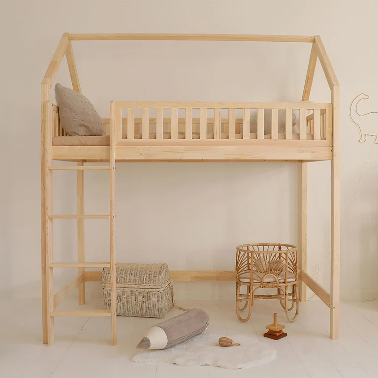 Lit cabane mi-hauteur 90x190 sommier inclus Daisy Bois