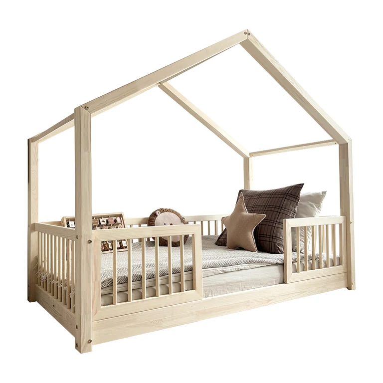 Lit cabane 90x190 barrières et sommier inclus pieds 1 cm Rosalie Bois