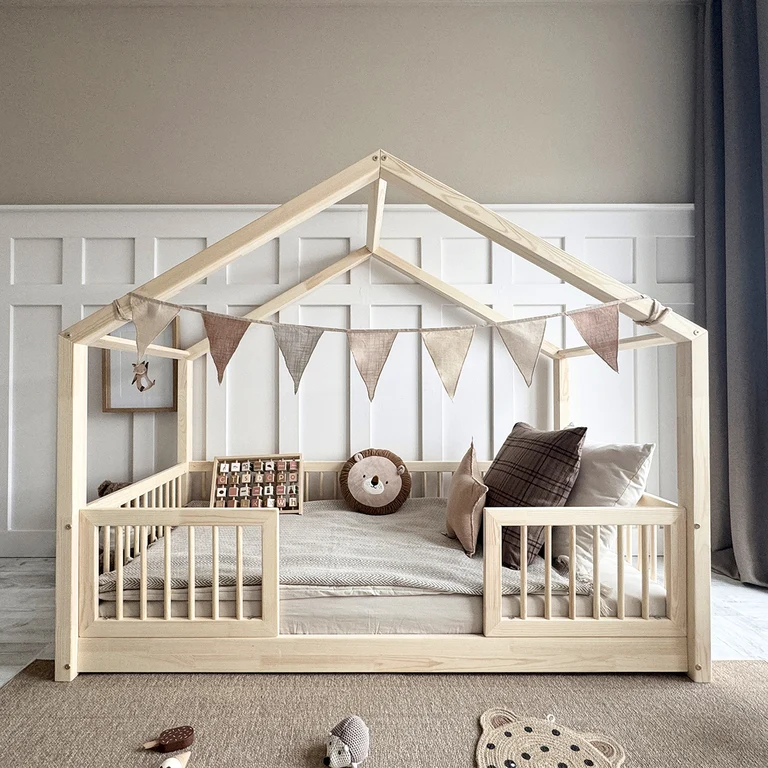 Lit cabane 90x190 barrières et sommier inclus pieds 1 cm Rosalie Bois