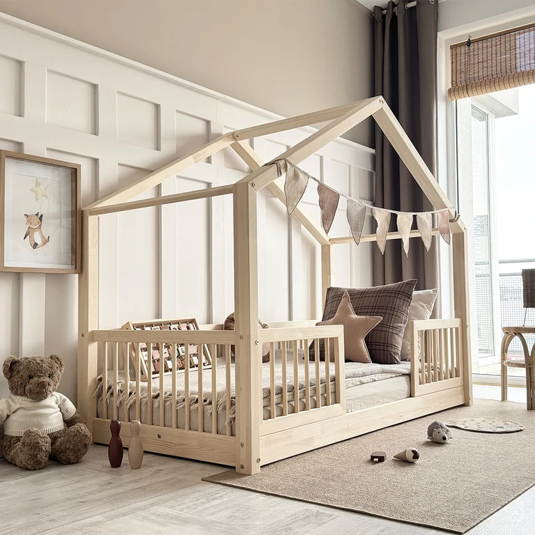 Lit cabane 90x190 barrières et sommier inclus pieds 1 cm Rosalie Bois