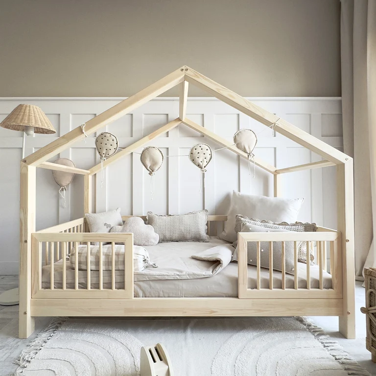 Lit cabane 90x190 barrières et sommier inclus pieds 10 cm Rosalie Bois