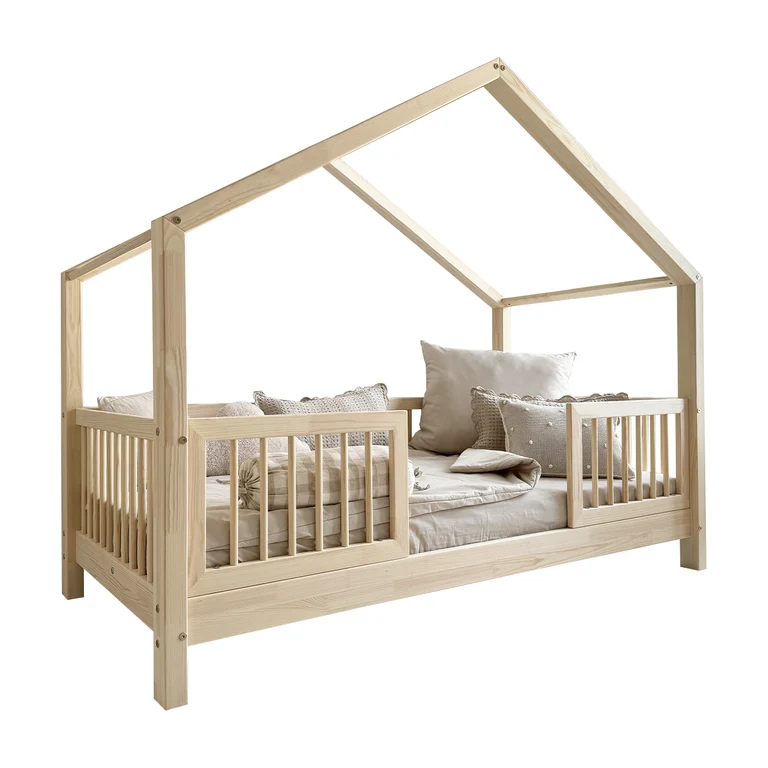 Lit cabane 90x200 barrières et sommier inclus pieds 10 cm Rosalie Bois