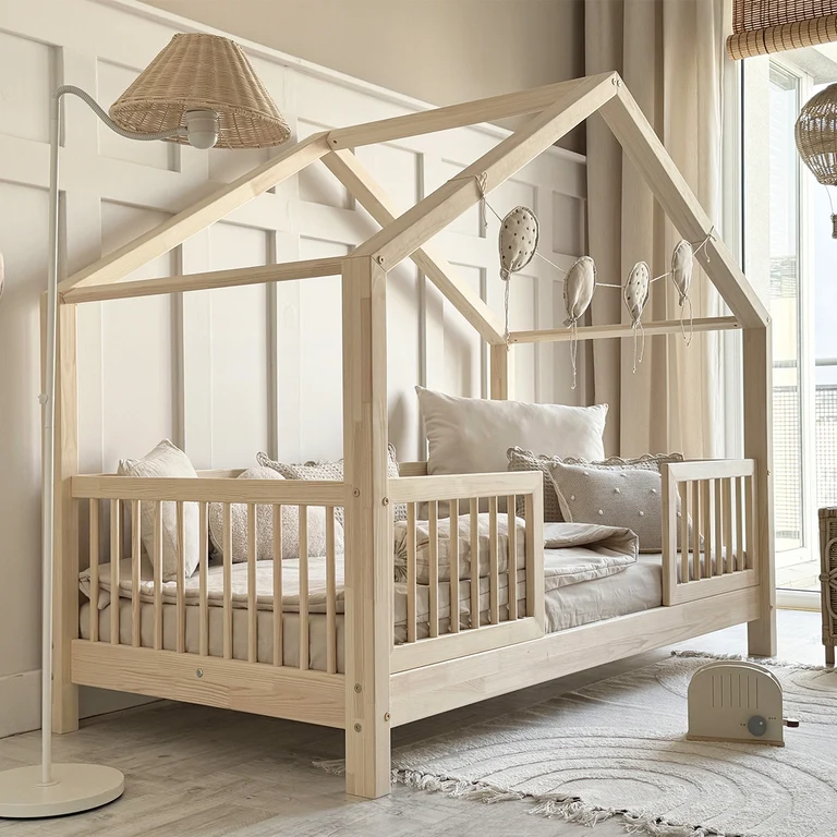 Lit cabane 90x200 barrières et sommier inclus pieds 10 cm Rosalie Bois