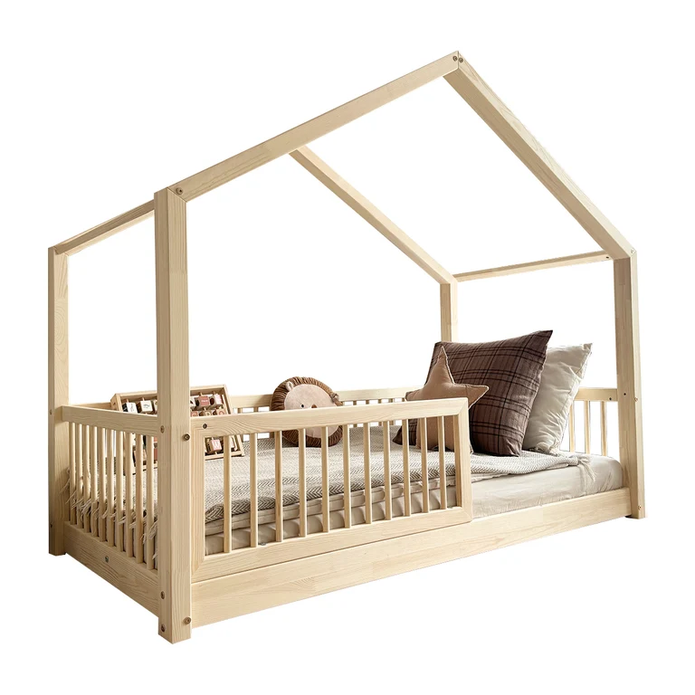 Lit cabane 90x190 barrière et sommier inclus pieds 1 cm Rosalie Bois