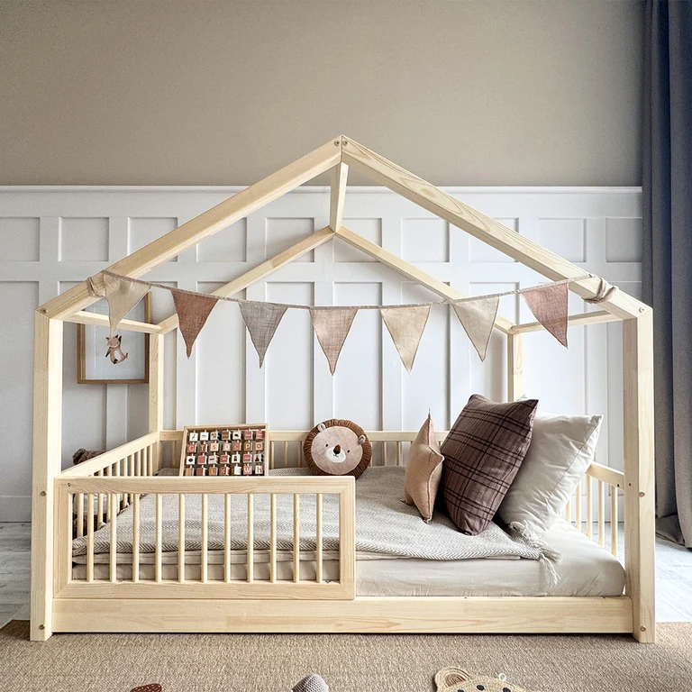 Lit cabane 90x190 barrière et sommier inclus pieds 1 cm Rosalie Bois