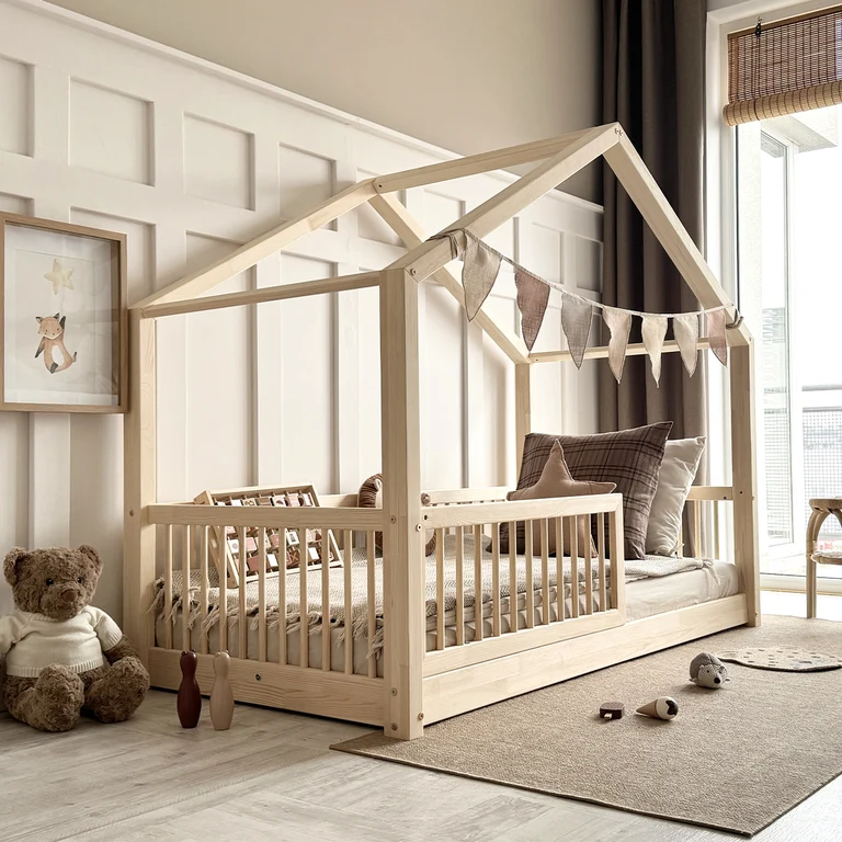 Lit cabane 90x190 barrière et sommier inclus pieds 1 cm Rosalie Bois
