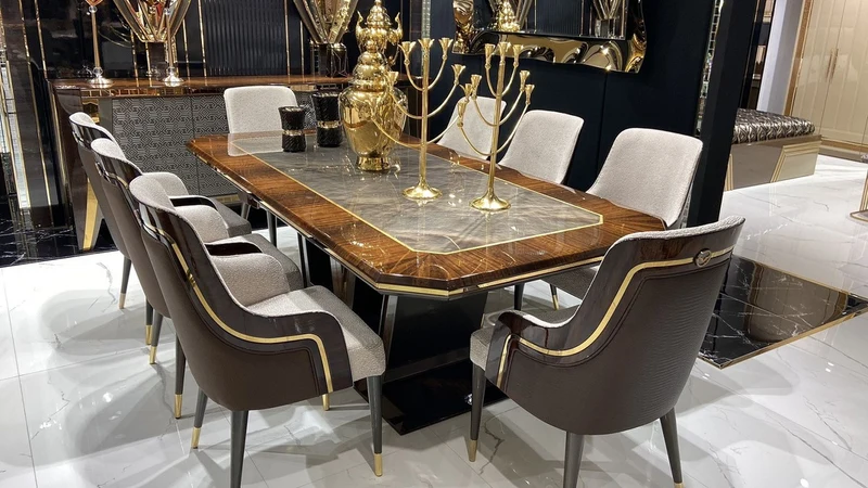 Casa Padrino Luxus Esszimmer Set Grau / Braun / Gold - 1 Esstisch & 8 Esszimmerstühle - Luxus Esszimmer Möbel - Luxus Qualität