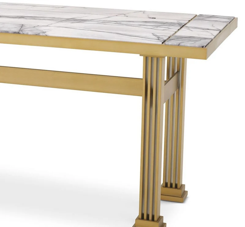 Casa Padrino Luxus Konsole Messing / Weiß 180 x 60 x H. 75,5 cm - Rechteckiger Edelstahl Konsolentisch mit Marmorplatten - Wohnzimmer Möbel - Hotel Möbel - Luxus Möbel - Luxus Einrichtung