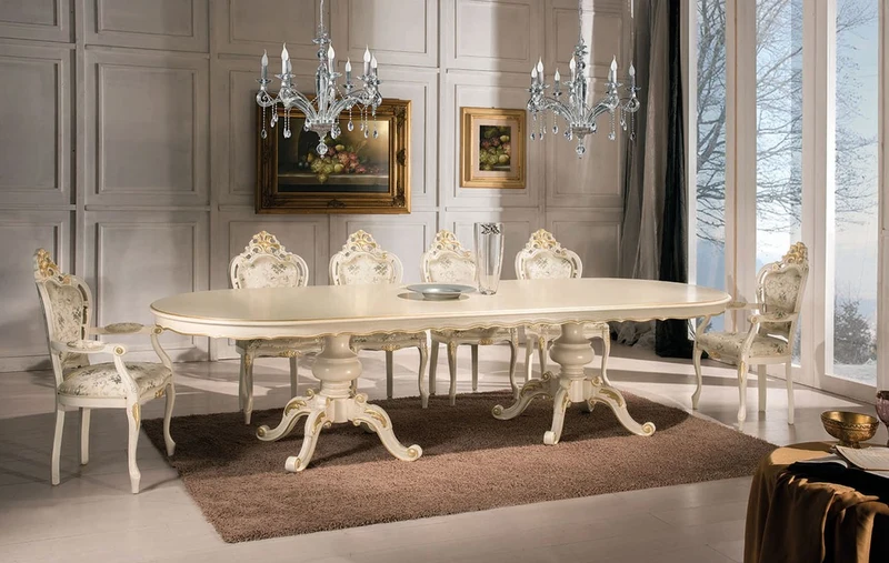 Casa Padrino Luxus Barock Esszimmer Set Elfenbein / Mehrfarbig / Gold - 1 Esstisch 350 cm & 10 Esszimmer Stühle - Barock Möbel