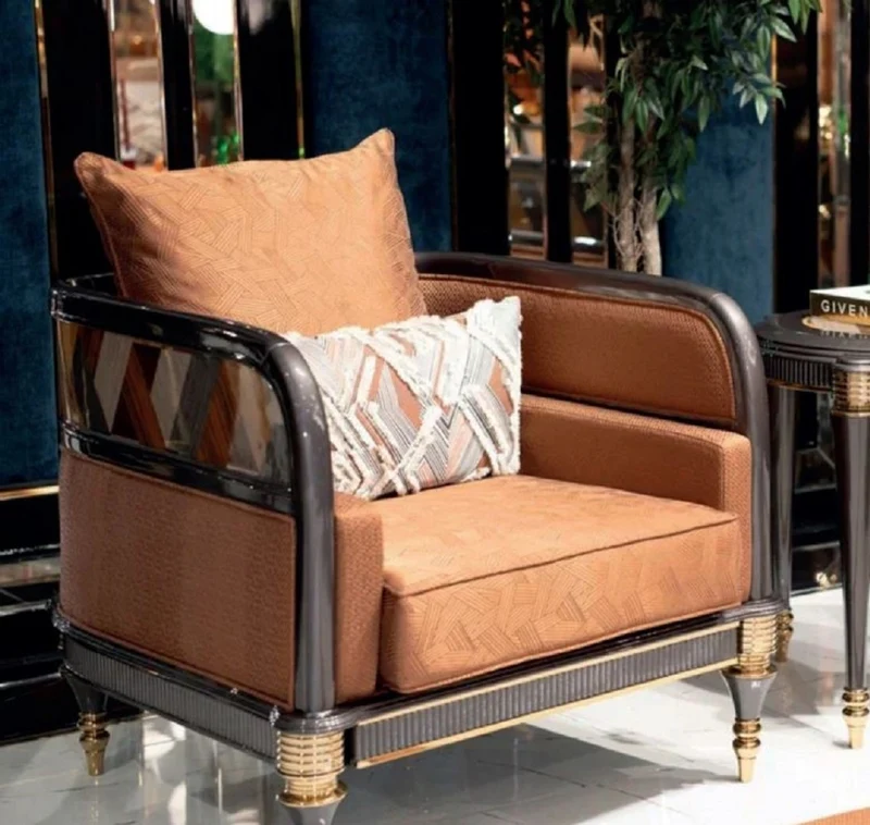 Casa Padrino Luxus Art Deco Sessel Braun / Mehrfarbig / Grau / Gold - Wohnzimmer Sessel - Wohnzimmer Möbel - Art Deco Möbel - Luxus Möbel