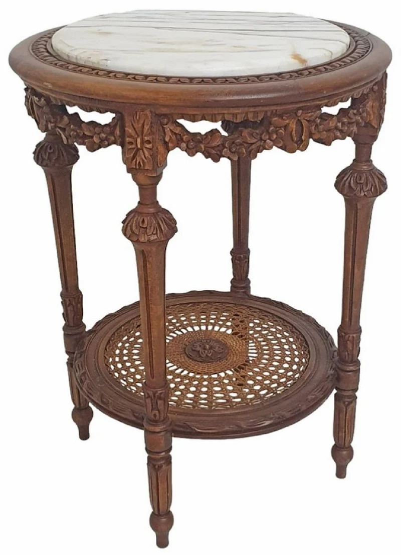 Casa Padrino Barock Beistelltisch Braun / Weiß - Runder Barockstil Massivholz Tisch mit Marmorplatte - Wohnzimmer Möbel im Barockstil - Barock Möbel