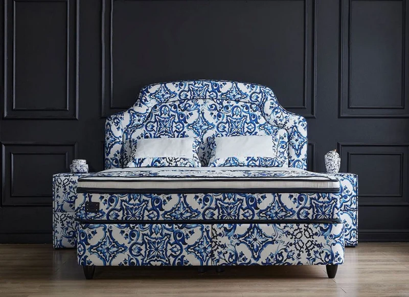 Casa Padrino Luxus Art Deco Doppelbett Weiß / Blau / Schwarz - Verschiedene Größen