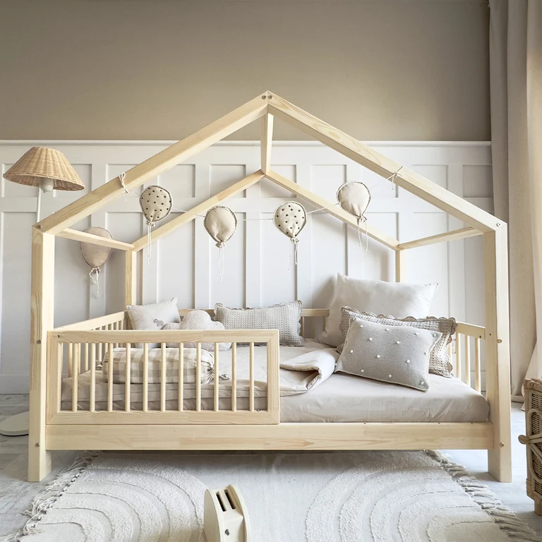 Lit cabane 90x190 barrière et sommier inclus pieds 10 cm Rosalie Bois
