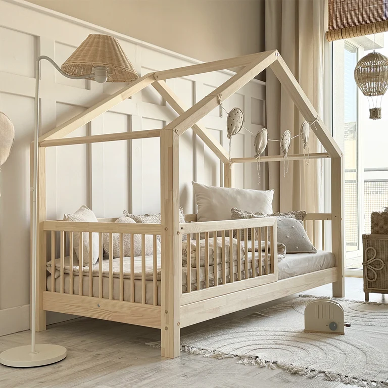 Lit cabane 90x190 barrière et sommier inclus pieds 10 cm Rosalie Bois