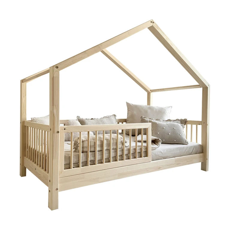 Lit cabane 90x200 barrière et sommier inclus pieds 10 cm Rosalie Bois