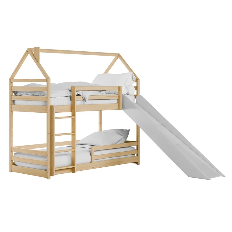 Lit cabane superposé 90x190 au sol toboggan et sommier inclus Aurélien Bois et Blanc