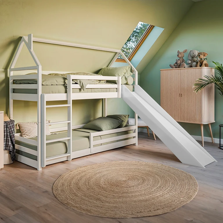 Lit cabane superposé 90x190 au sol toboggan et sommier inclus Aurélien Blanc